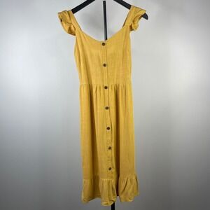 Monteau Los Angeles Mustard Yellow Linen Blend Ruffle Midi Sun Dress XS